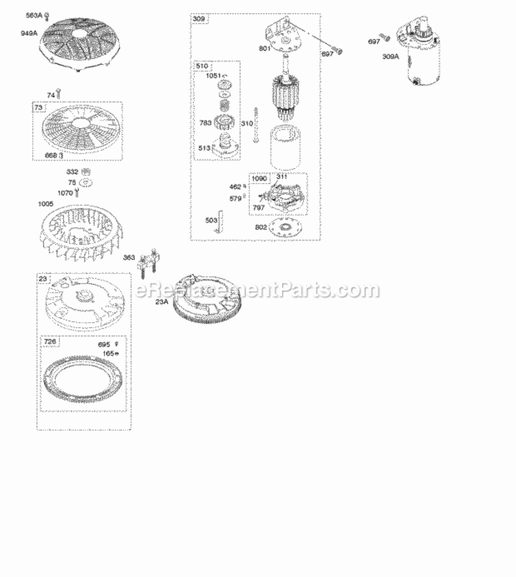 Electric Starter Flywheel Diagram and Parts List for 49M877-0046-G1  Briggs and Stratton Engine